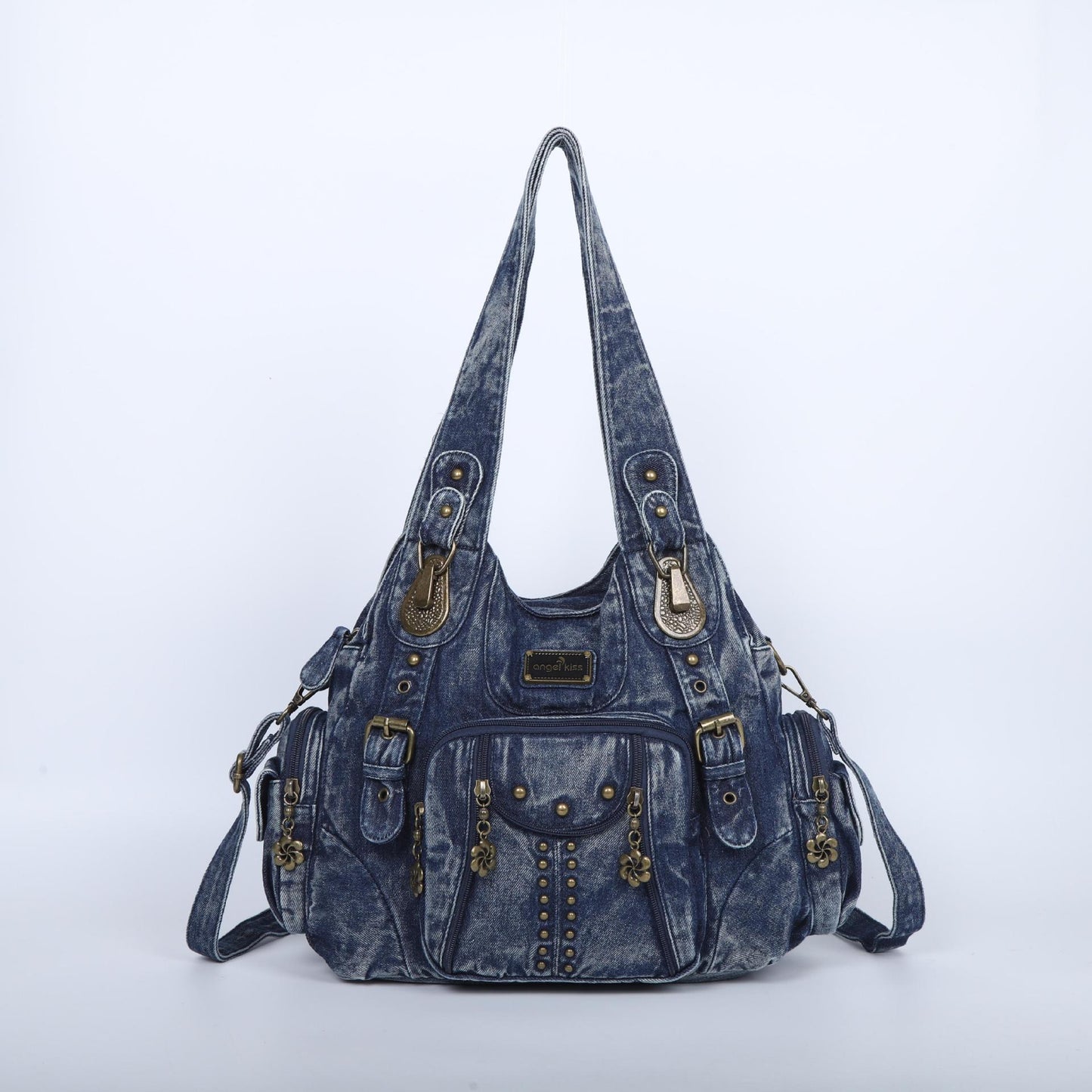Blue denim handbag with gold accents on a white background