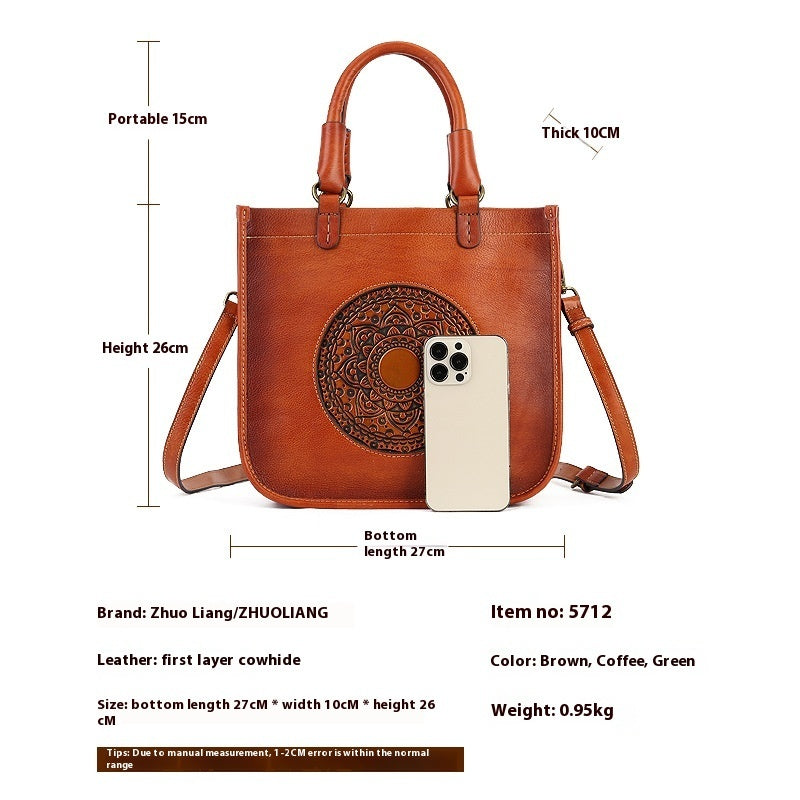Brown leather handbag with measurements and product details on a white background