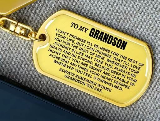 Gold dog tag with engraved message for grandson