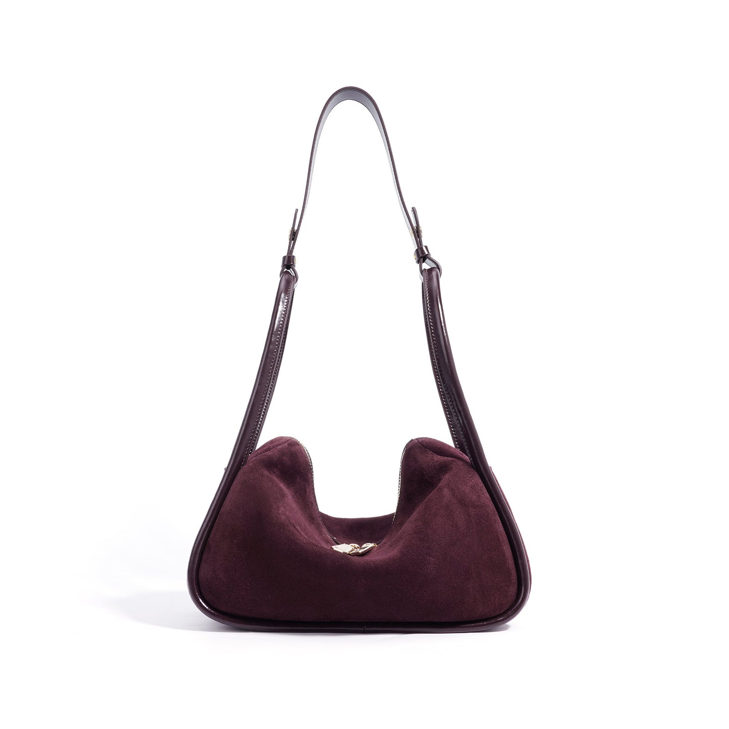 Purple handbag with a shoulder strap on a white background
