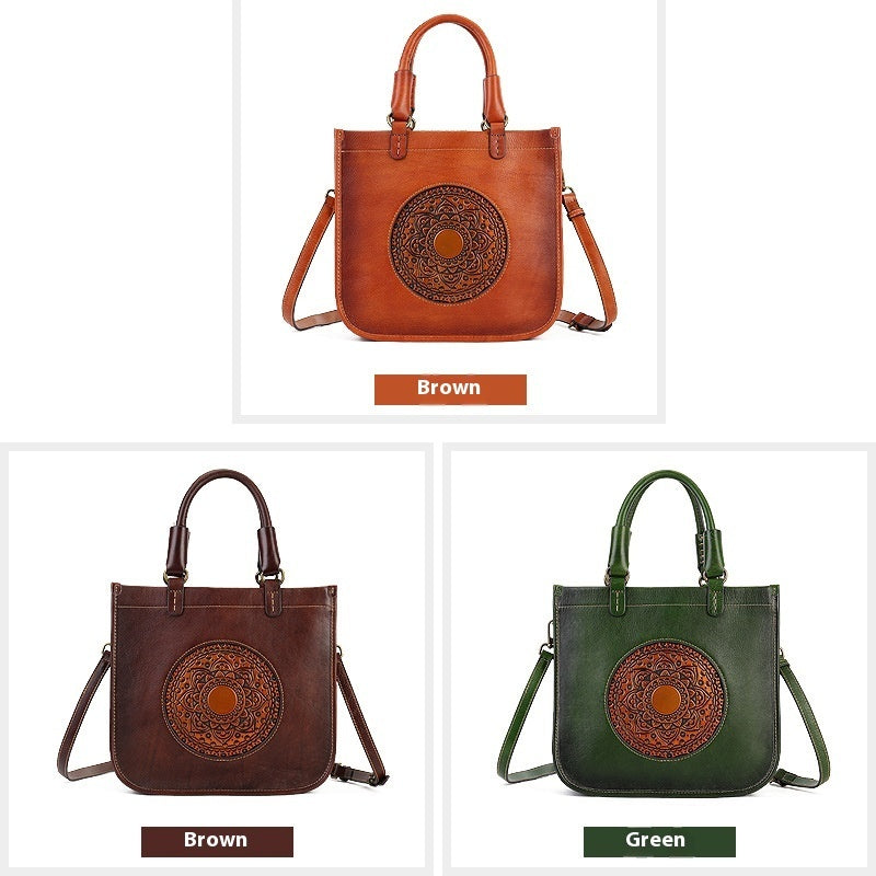 Three leather handbags in brown and green with decorative circular patterns on a white background.