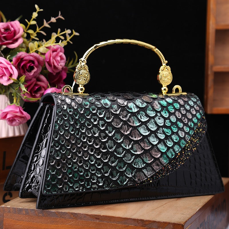 Black contrast color leather messenger bag
