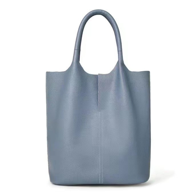 Front view of caramel genuine leather minimalist tote