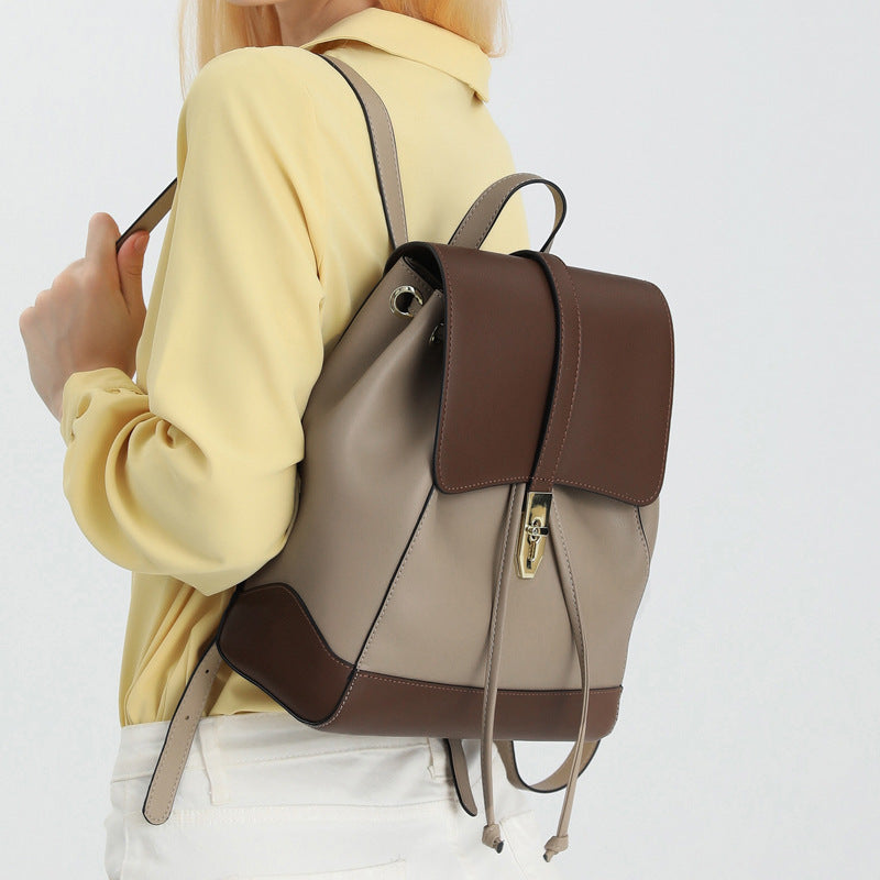 Contrast color genuine leather backpack