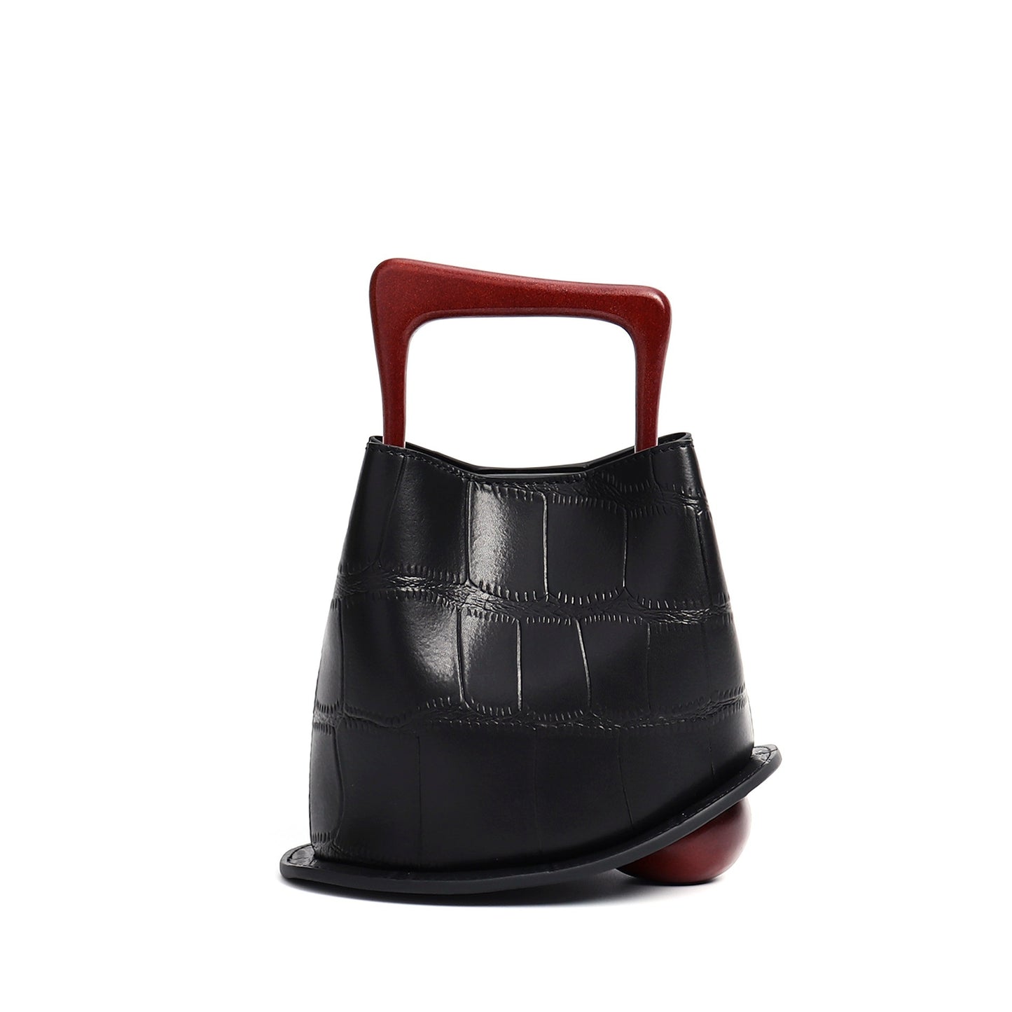 Black cowhide bucket bag with metal wrist handle