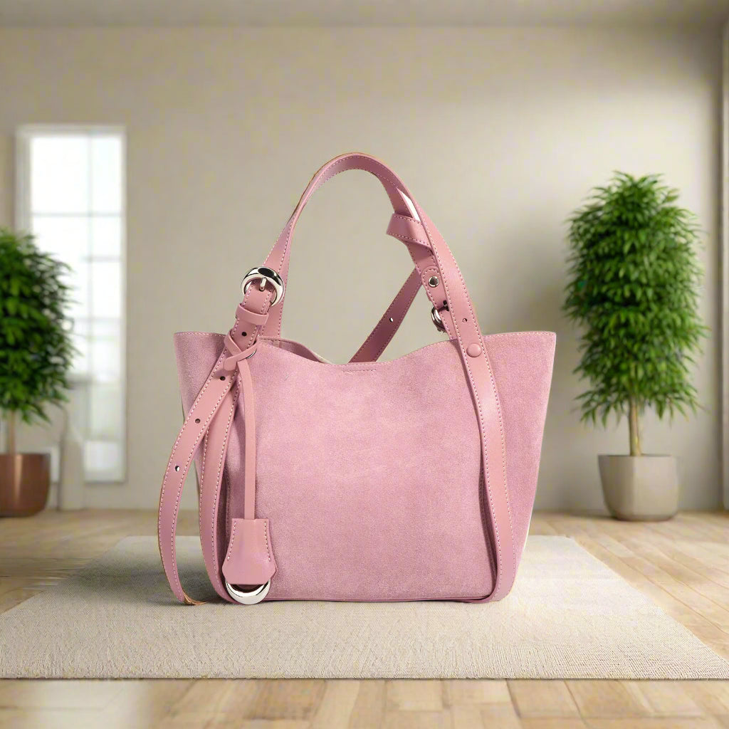 Women's cowhide bucket shoulder bag in pink