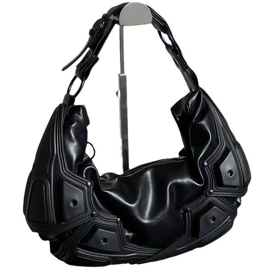 Side profile of crescent PU leather bag in retro style