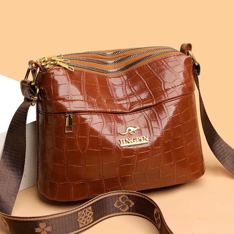 Close-up of zipper and sewing thread on PU leather crossbody bag