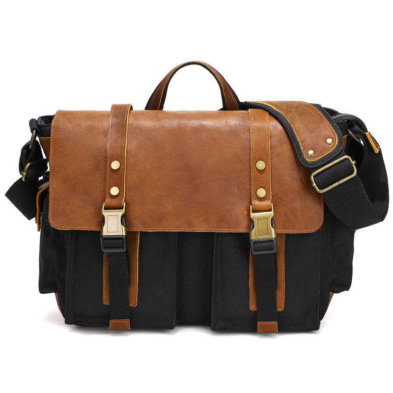 Side view of waxed canvas bag with cowhide leather trim