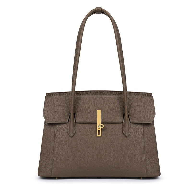 Women's Large Capacity Genuine Leather Tote – Solid Color Shoulder Bag