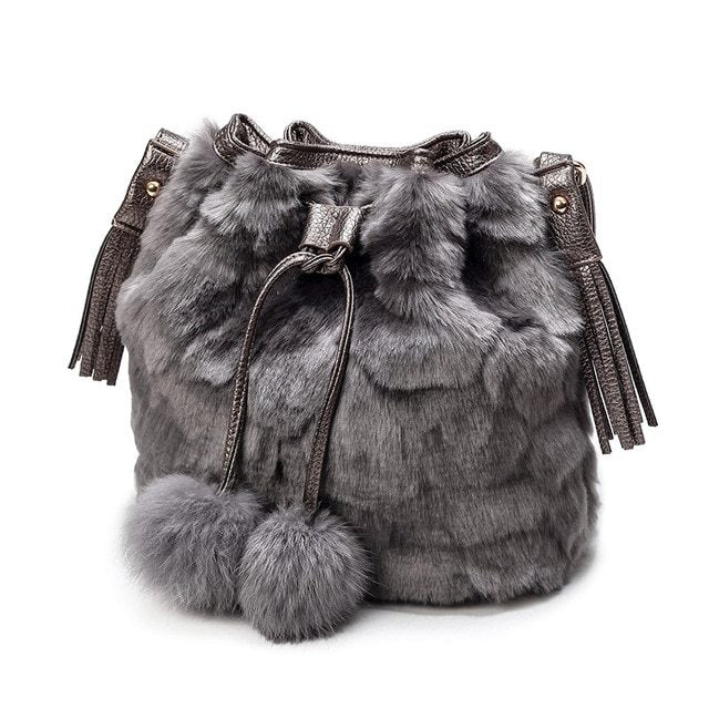Fashion ladies plush bucket bag, stylish women's handbag with drawstring closure