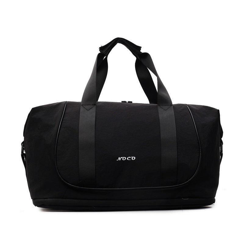 Model commuting to yoga with crossbody fitness bag and mat