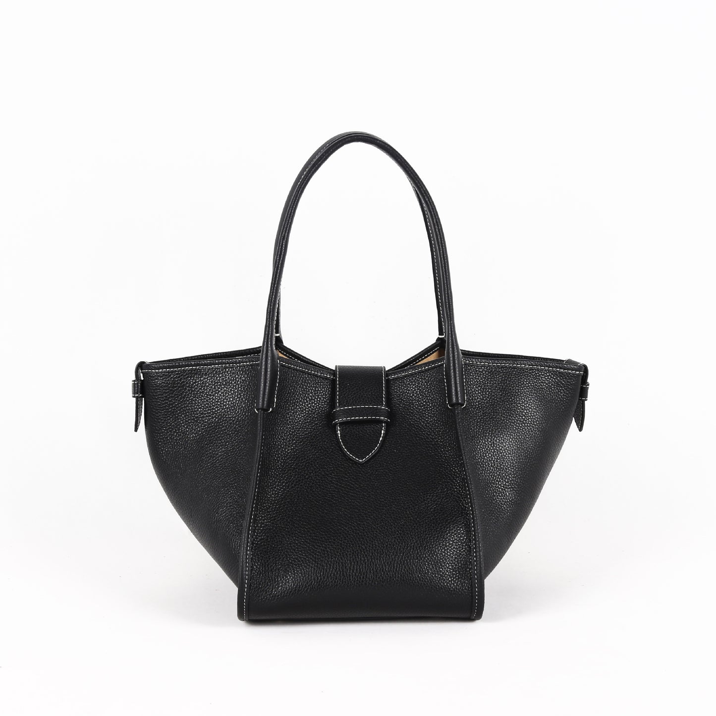 Black cowhide leather dumpling handbag with magnetic closure