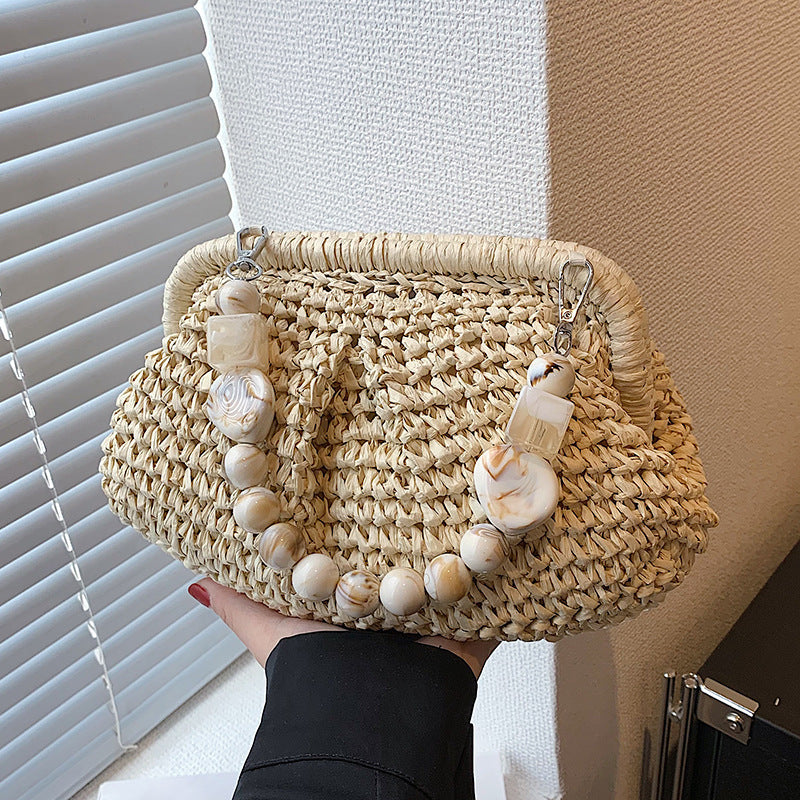 Khaki & Beige Woven Straw Handbag for Women - Perfect for Vacation