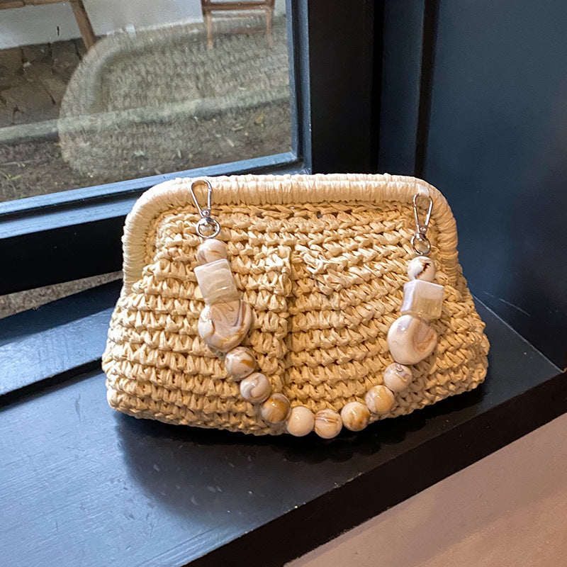 Khaki Woven Grass Handbag - Ideal for Leisure Travel and Casual Outings
