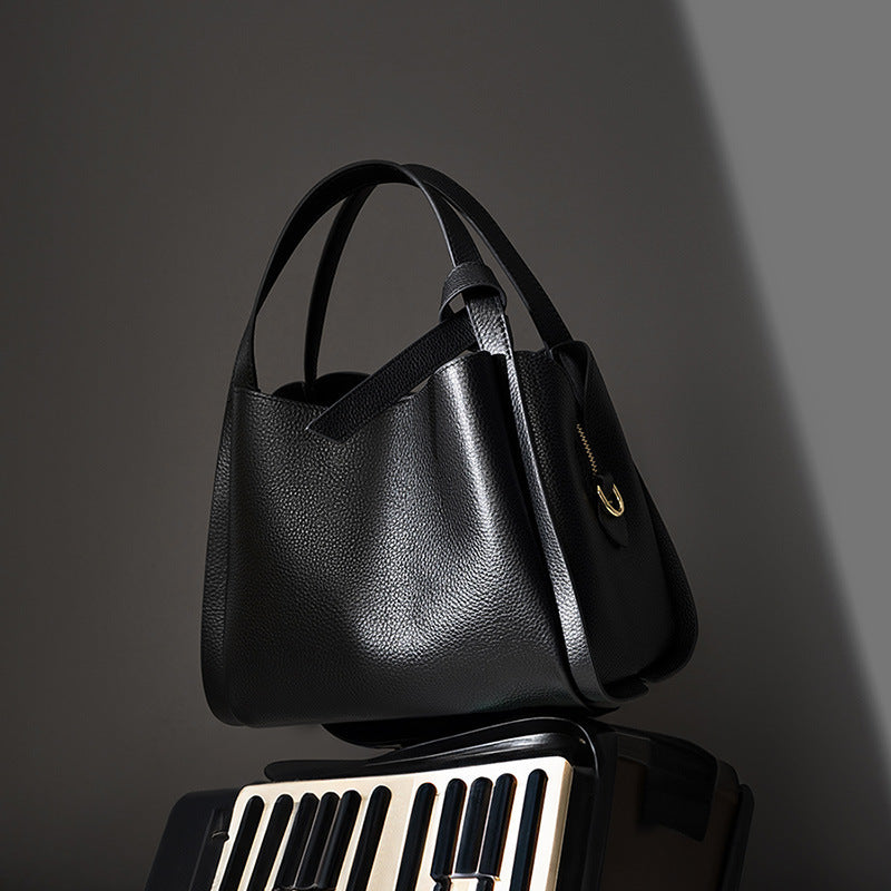 Women's black leather crossbody bucket bag