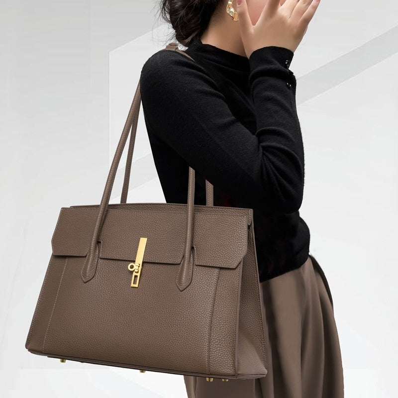 Front view of khaki genuine leather large tote bag
