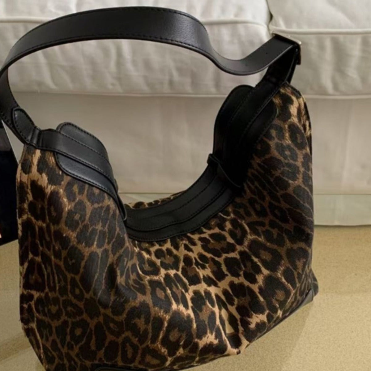 Black version of the large canvas patchwork tote