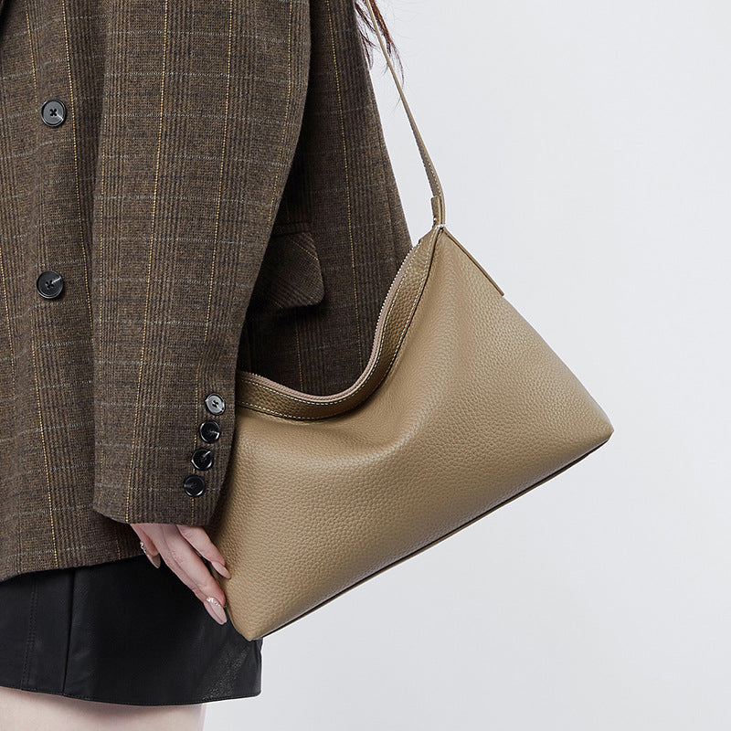 Apricot first-layer cowhide leather bag with cotton lining