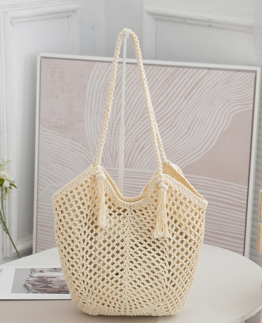 Beige gray cloth woven handbag with mobile phone pocket