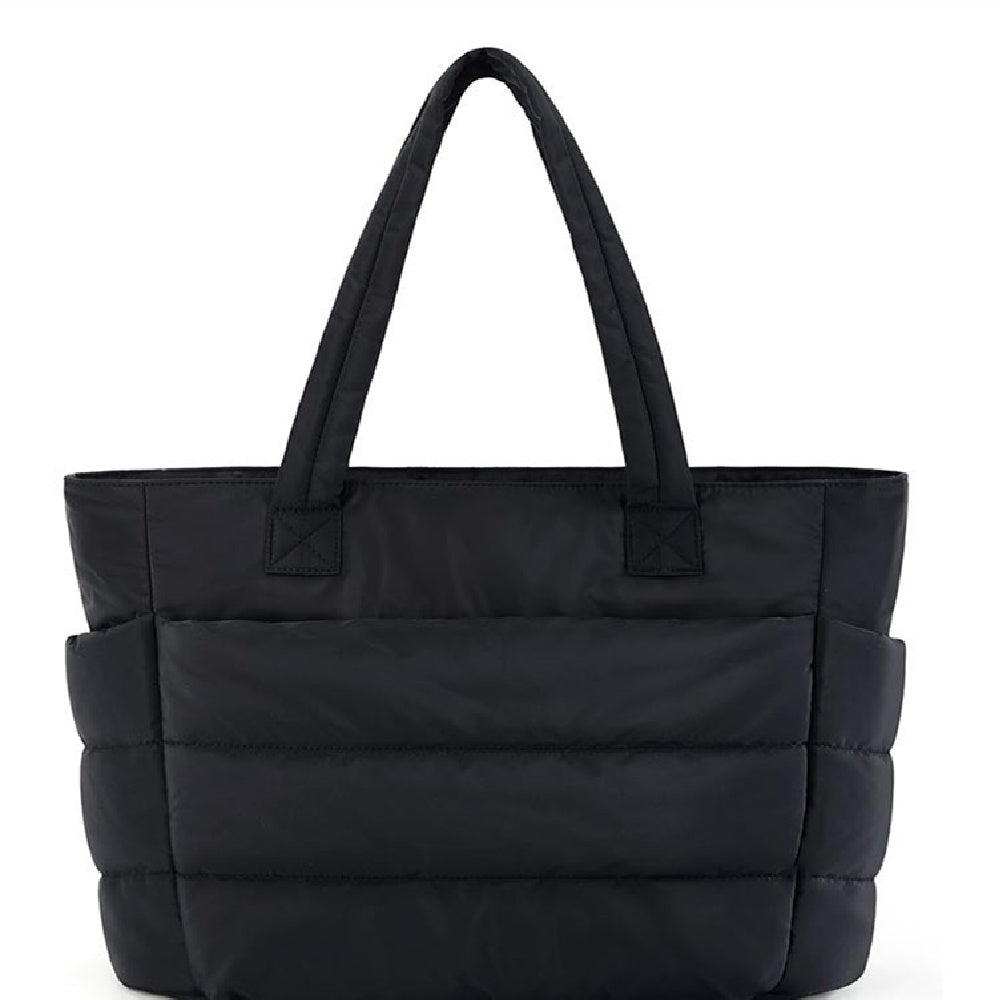 Soft black cotton-style shoulder bag with zipper closure