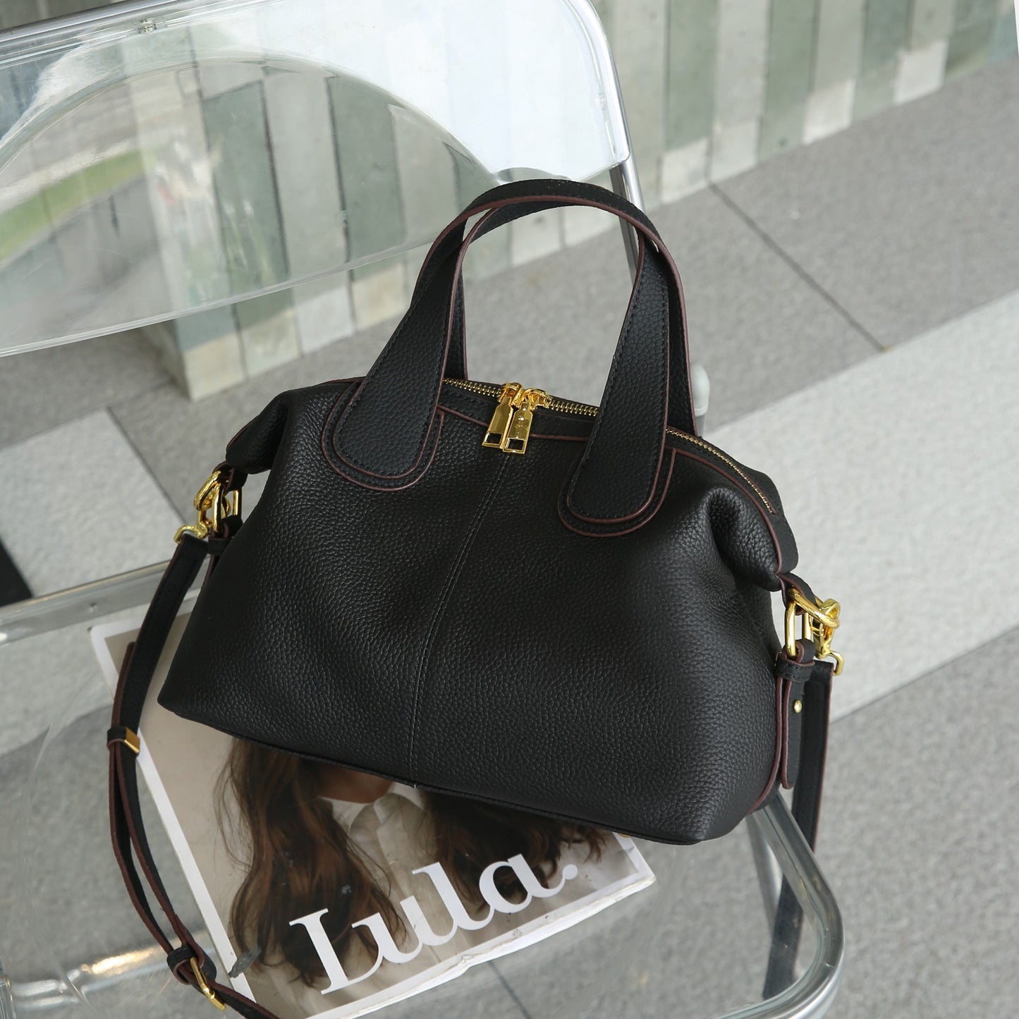 Black structured leather shoulder purse for women