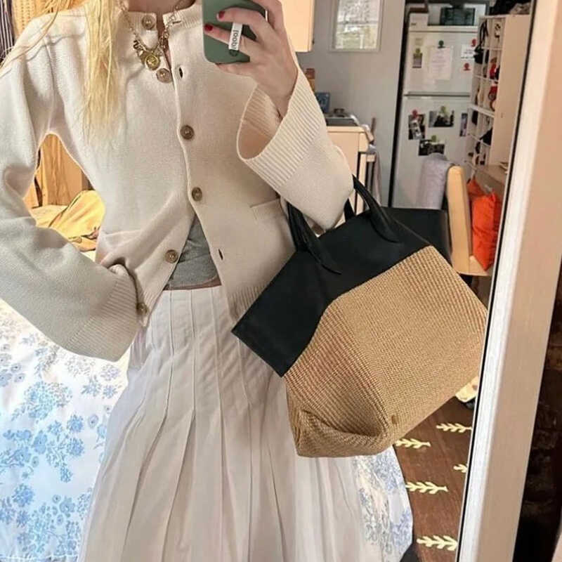 Black summer tote for women with straw texture