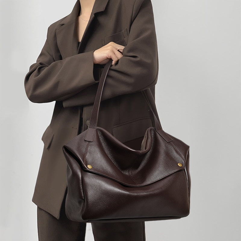 Brown genuine leather commuter shoulder bag for women