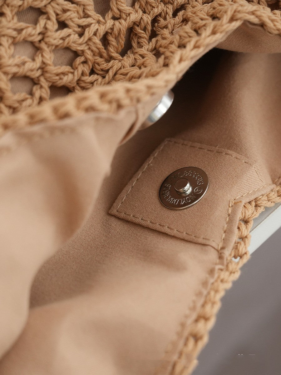 Camel woven cotton shoulder tote with hollow design