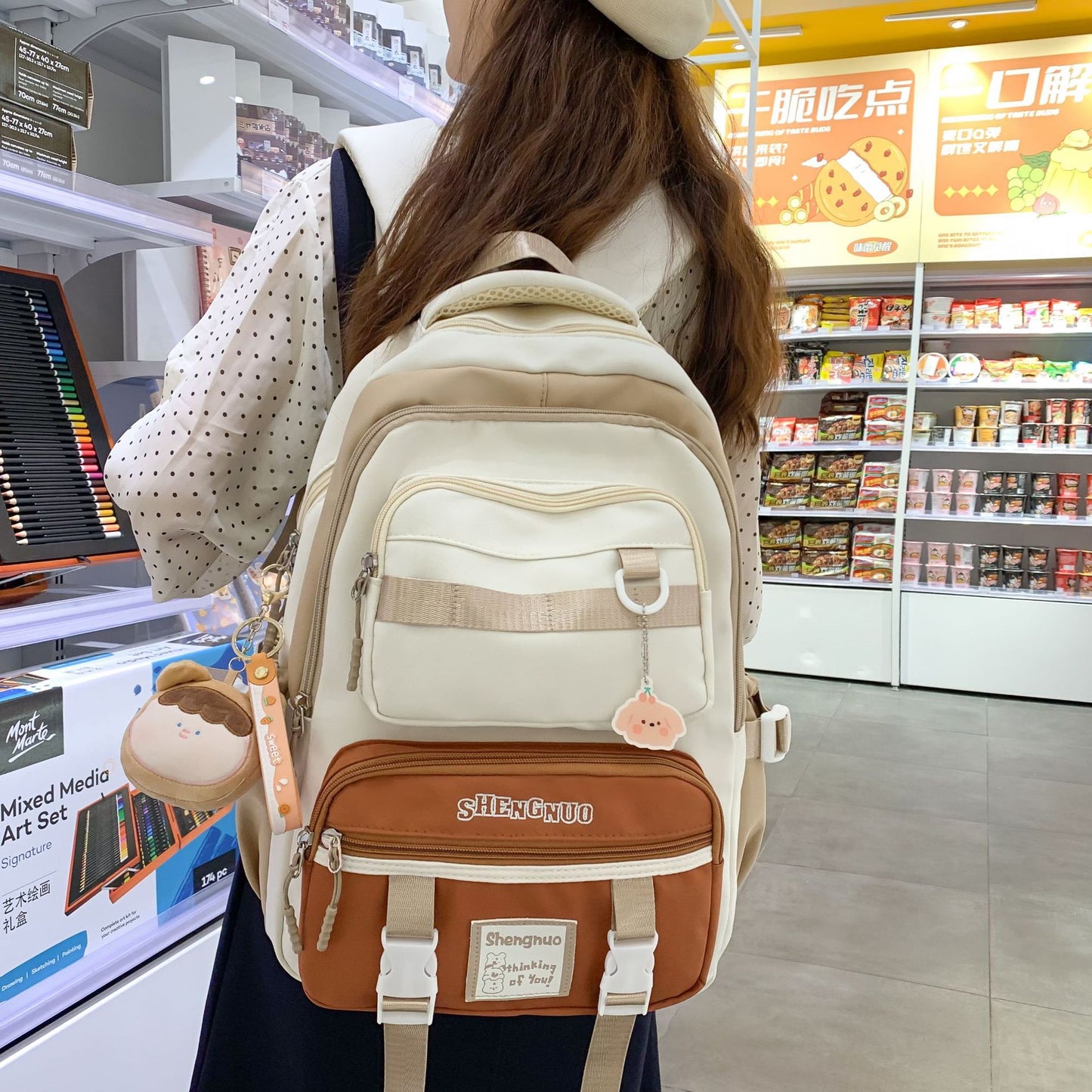Brown contrast color student backpack for girls