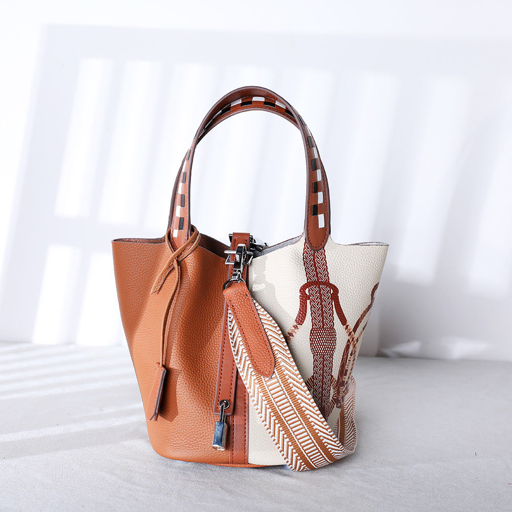 Elephant gray crocodile texture leather bucket handbag