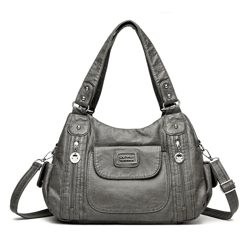 Gray retro leather tote with horizontal square shape