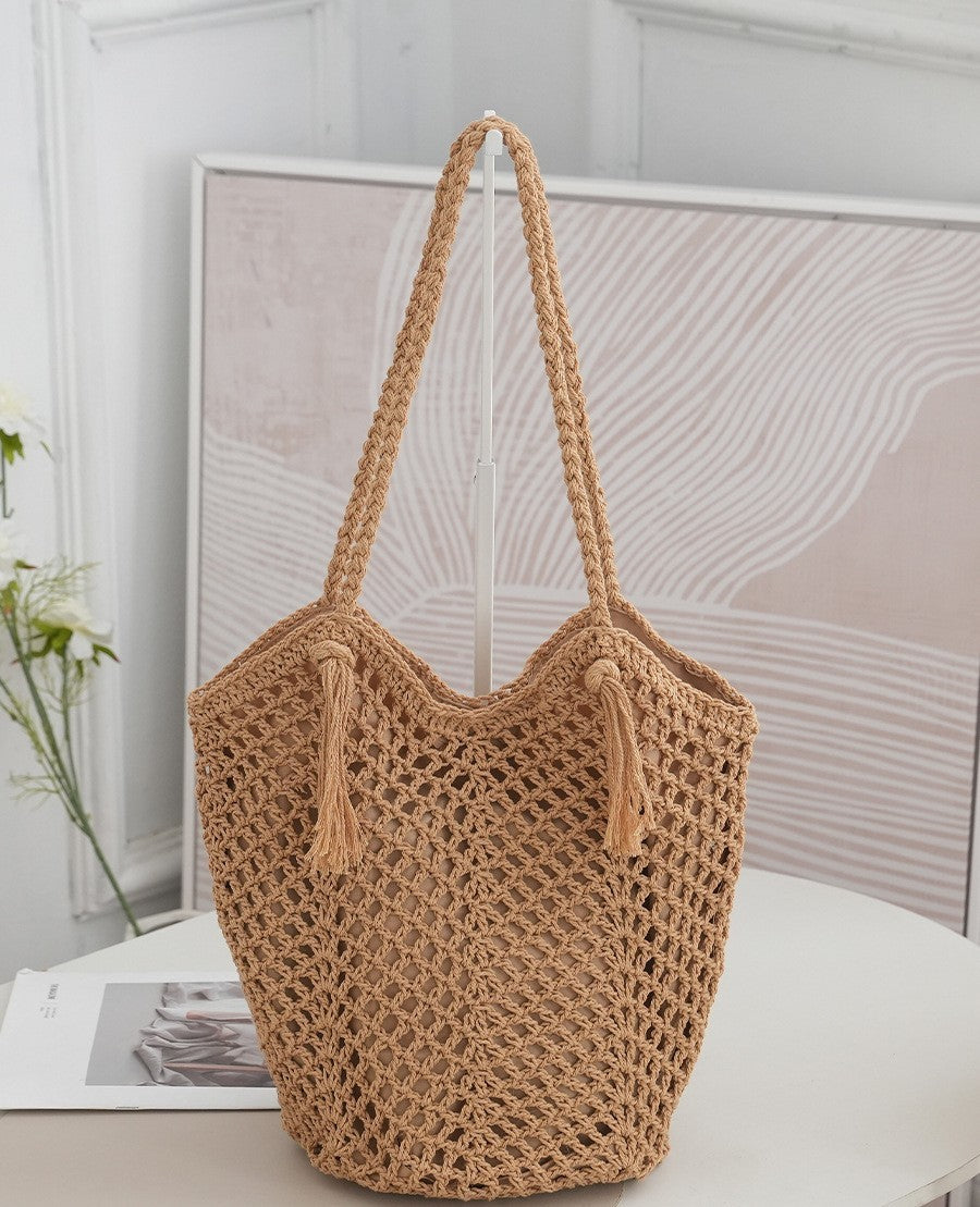 Khaki gray cotton thread shoulder bag for travel and beach
