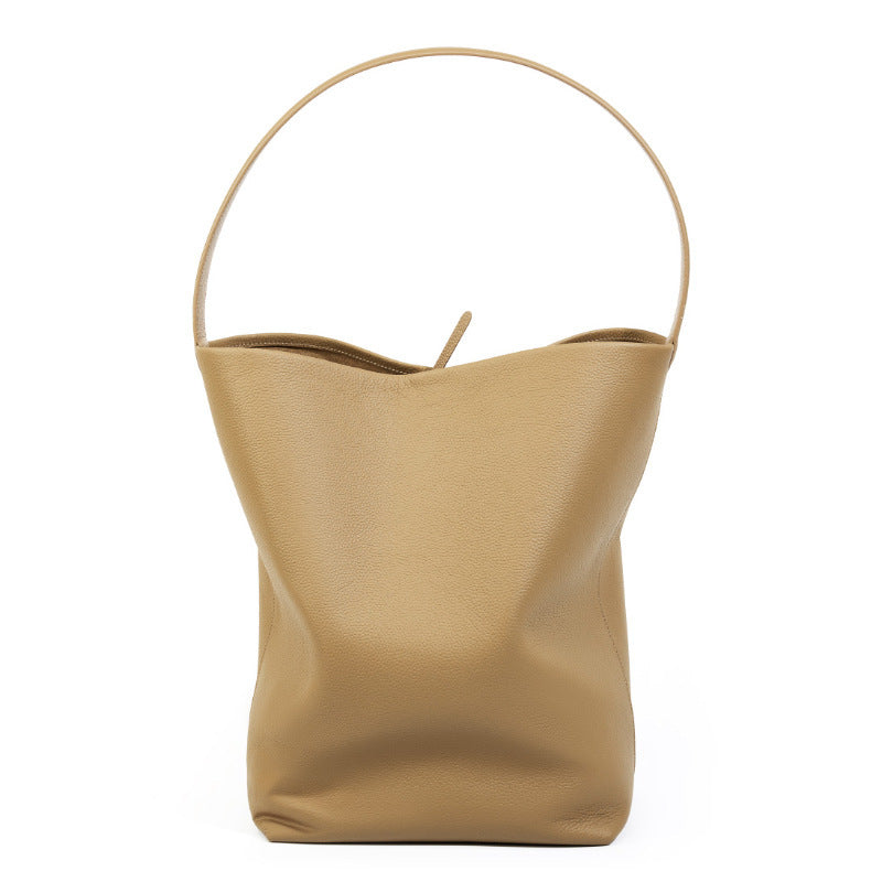 Milky white leather shoulder bucket bag with soft structure