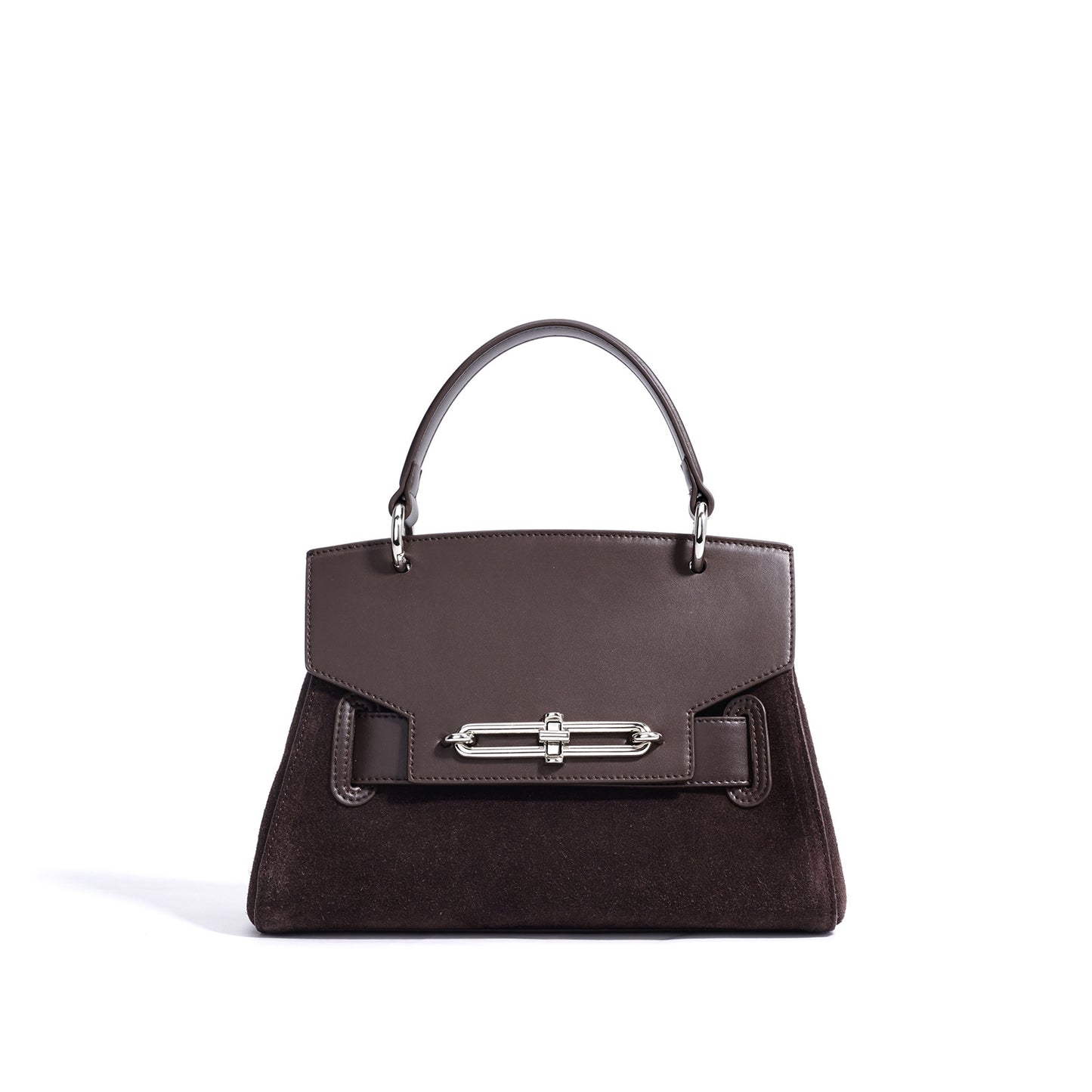 Inside view of clamshell leather bag with phone pocket
