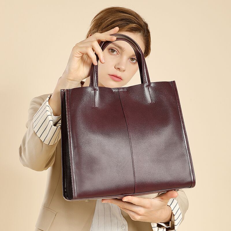 Brown vintage cowhide leather tote bag for women