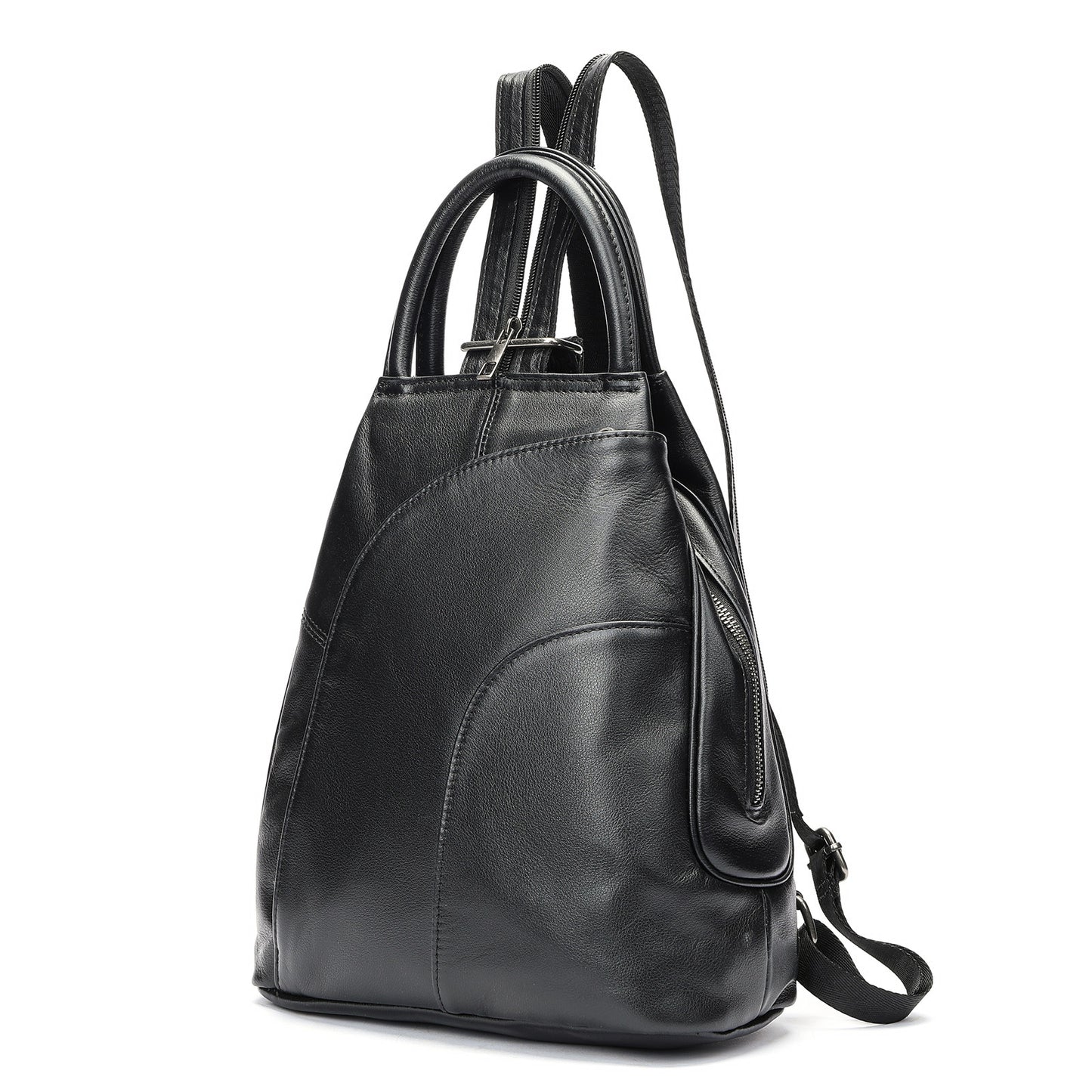 Side profile of cowhide leather backpack for women