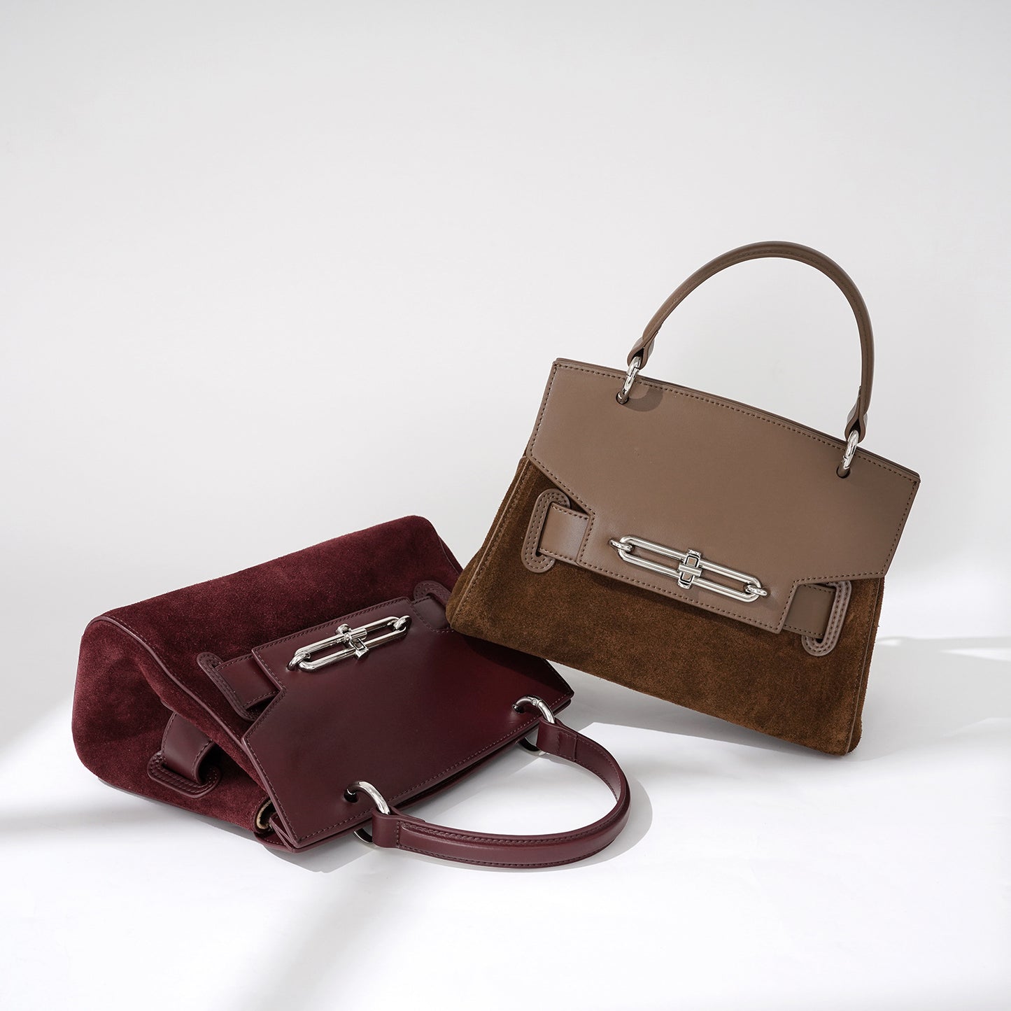 Side view of horizontal square leather shoulder bag
