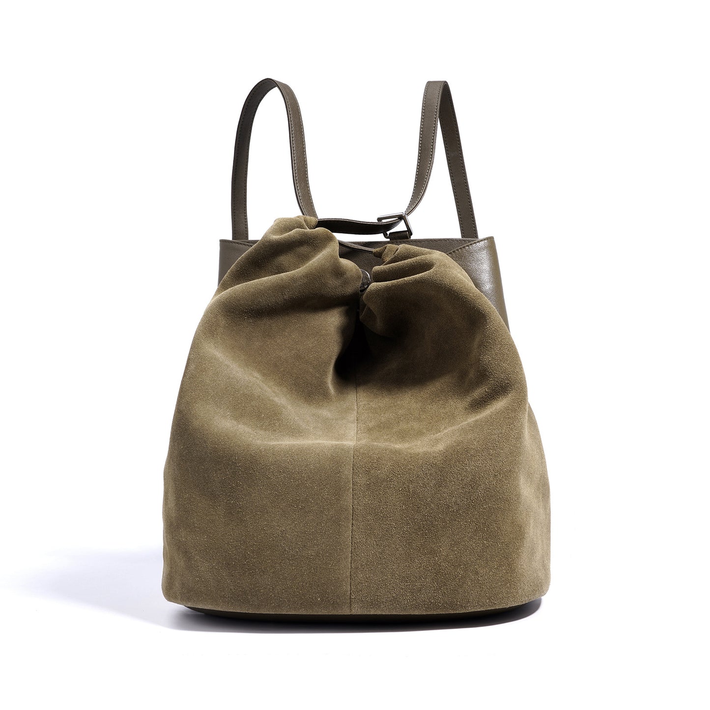 Side angle of niche-style suede-textured leather backpack