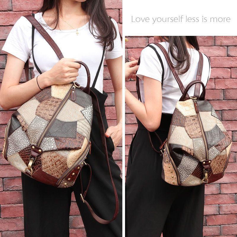 Fashion spliced leather backpack with stitching design