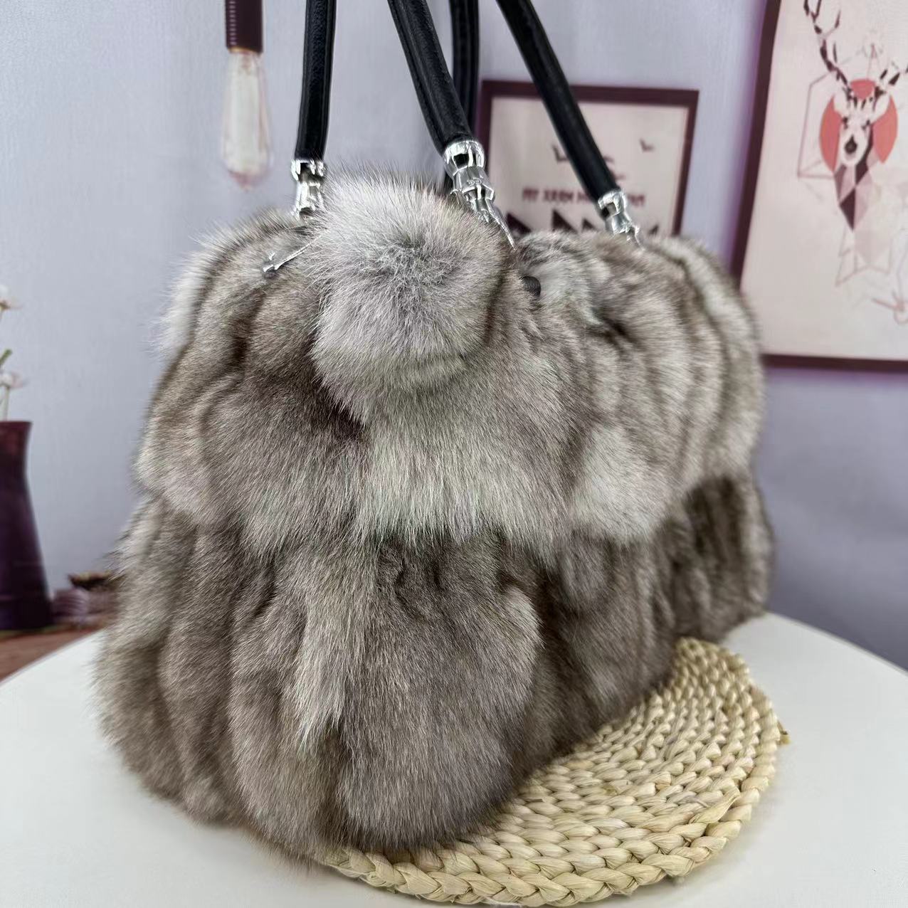 Square vertical real fox fur handbag for women