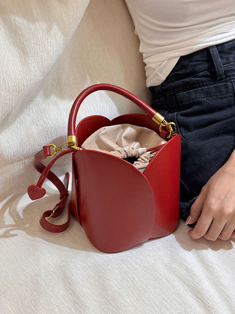 Top-down view of soft PU mini bucket bag