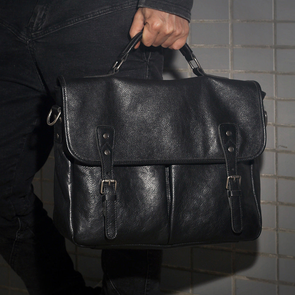 Vintage black cowhide leather crossbody bag for women
