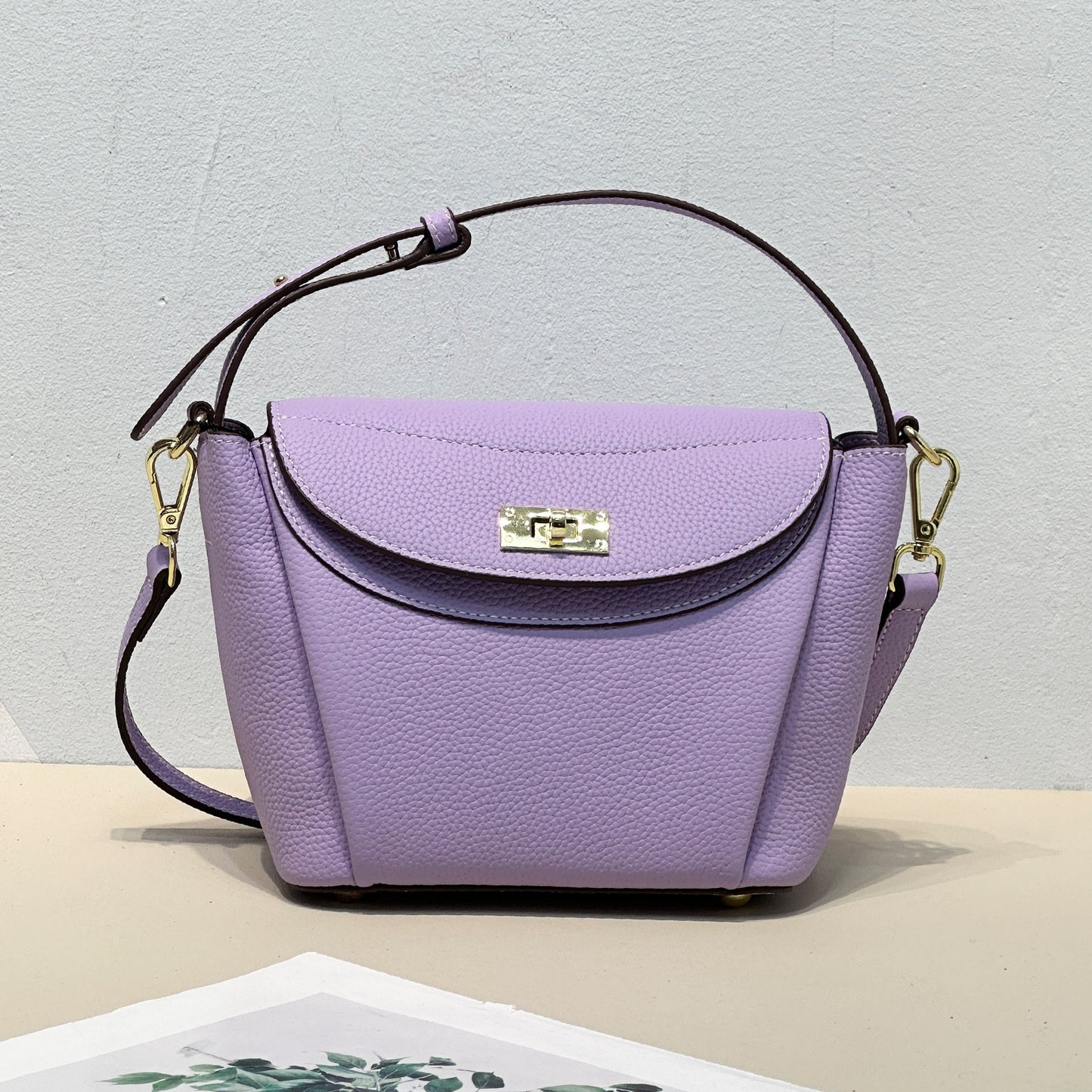 Front view of macaron color shoulder bag in leather