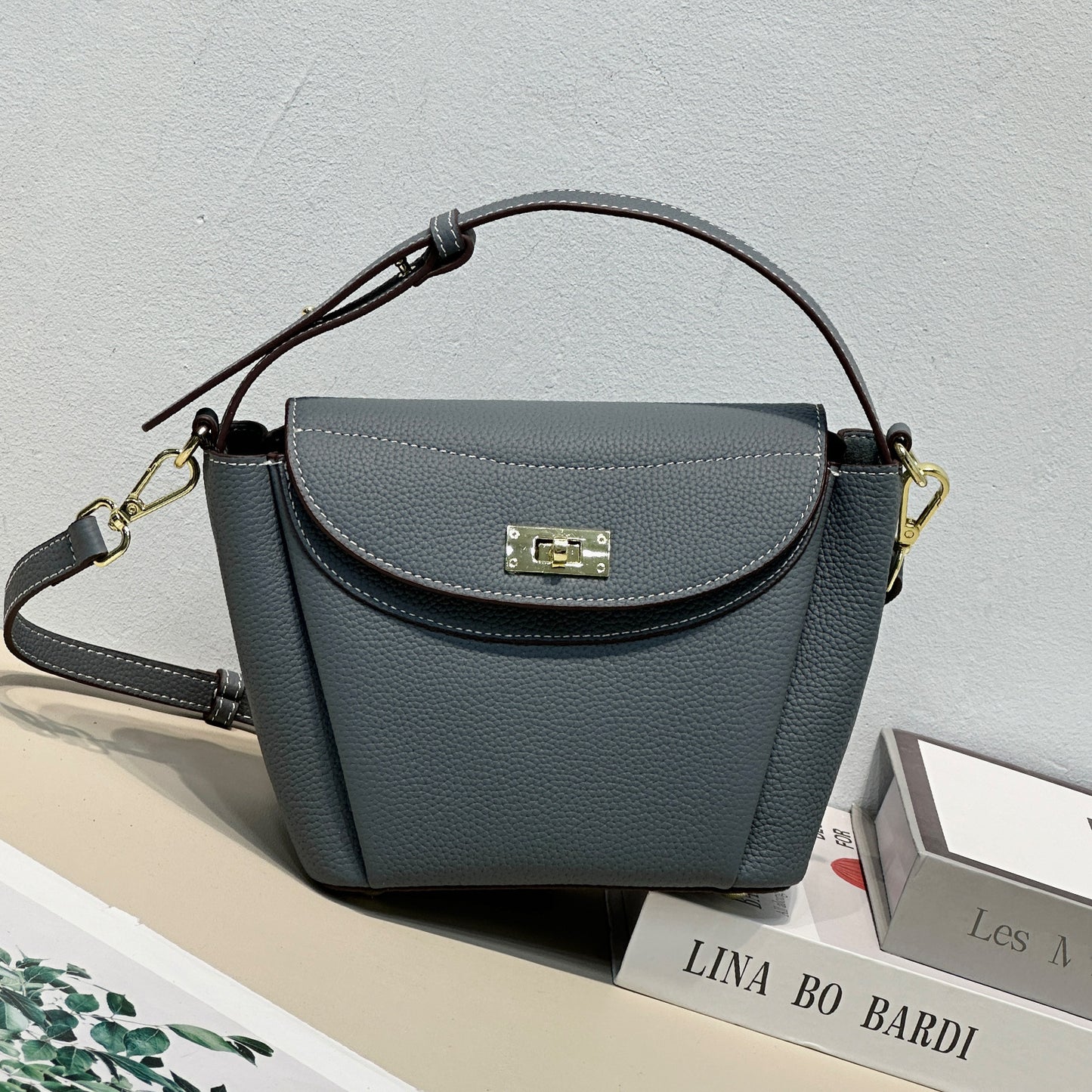 Model wearing macaron bag during casual outing