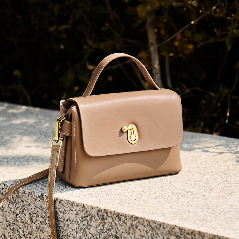 Side view of milk tea crossbody handbag