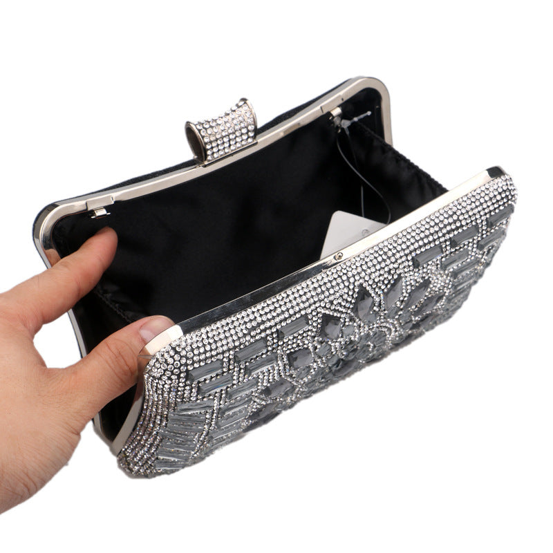 Side profile of pillow-shaped luxury diamond evening clutch
