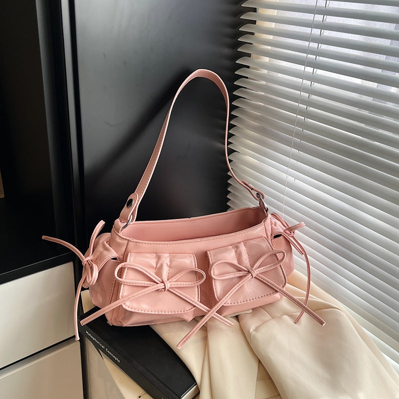 pink PU leather pleated tote bag with tassel bow