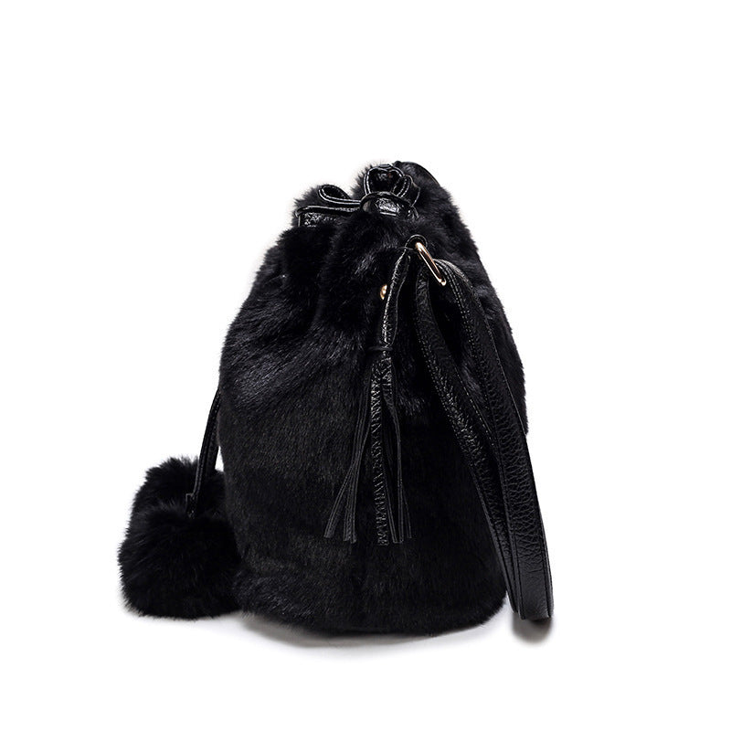 Front view of the plush bucket bag, medium size handbag for women
