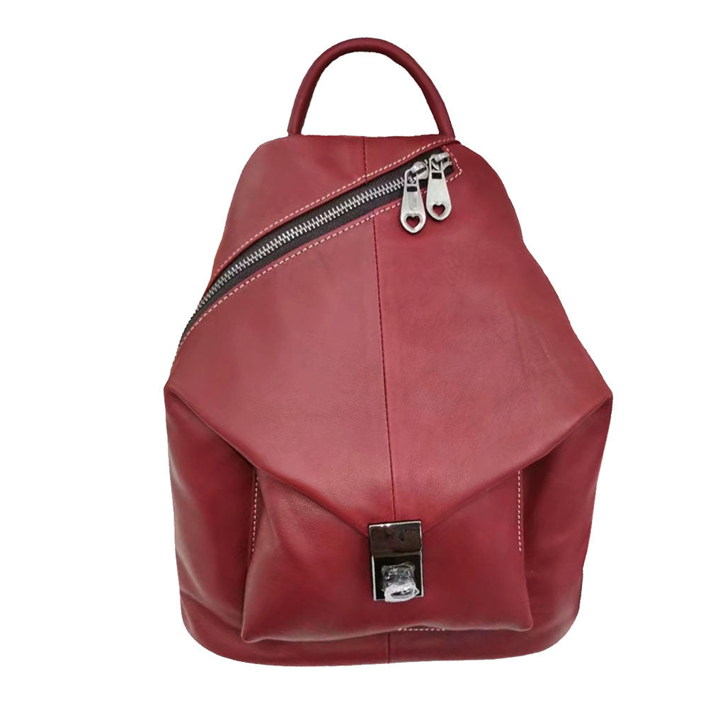 Red cowhide leather backpack for women in street fashion style